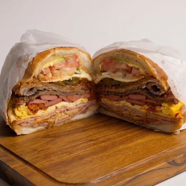 A large torta sandwich, cut in half, revealing layers of meat, eggs, and vegetables.